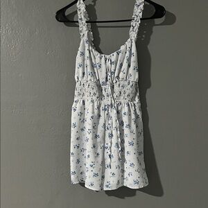 SHEIN White Floral Smocked Waist Romper with Blue Print
